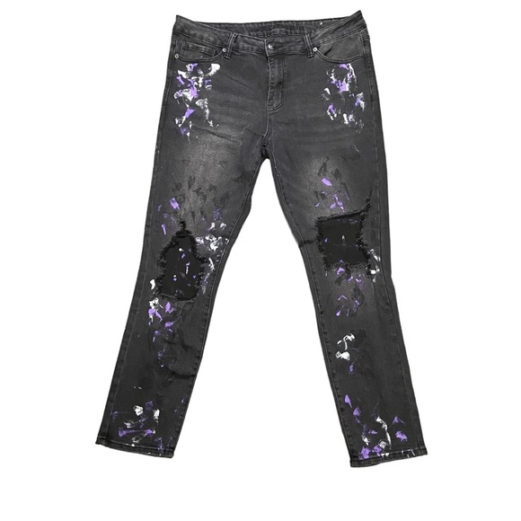 Rue21 Premium Paint Splatter Distressed Skinny Jeans in Washed Black Size 36/32 - Picture 1 of 4